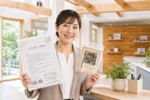 お引き渡し時の記念写真とお礼状を手にするカスタマーズセンターのスタッフ