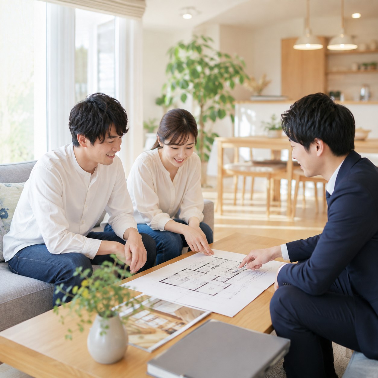 間取り図を囲み担当者に相談するご夫婦