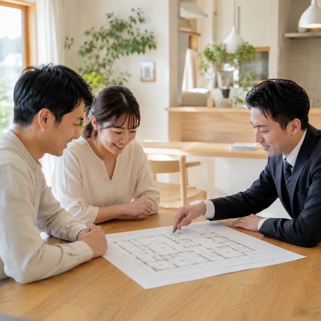 他社から提案された間取りを見ながら住まいの動線を相談するご夫婦