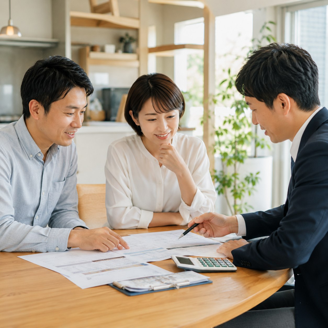 見積書と電卓を使い家づくりの費用を確認する相談風景