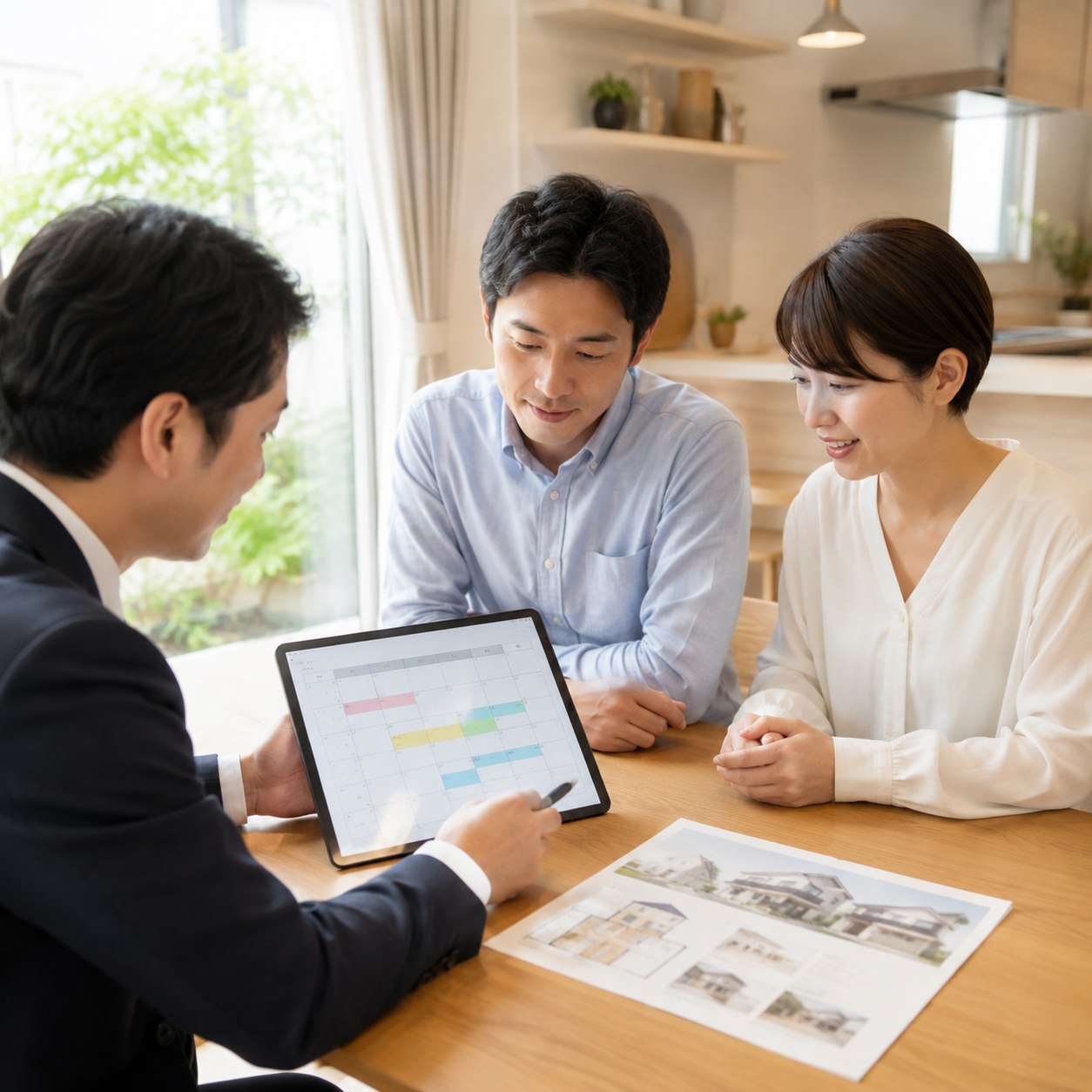 タブレットの工程表を見ながら家づくりの予定を確認する相談風景