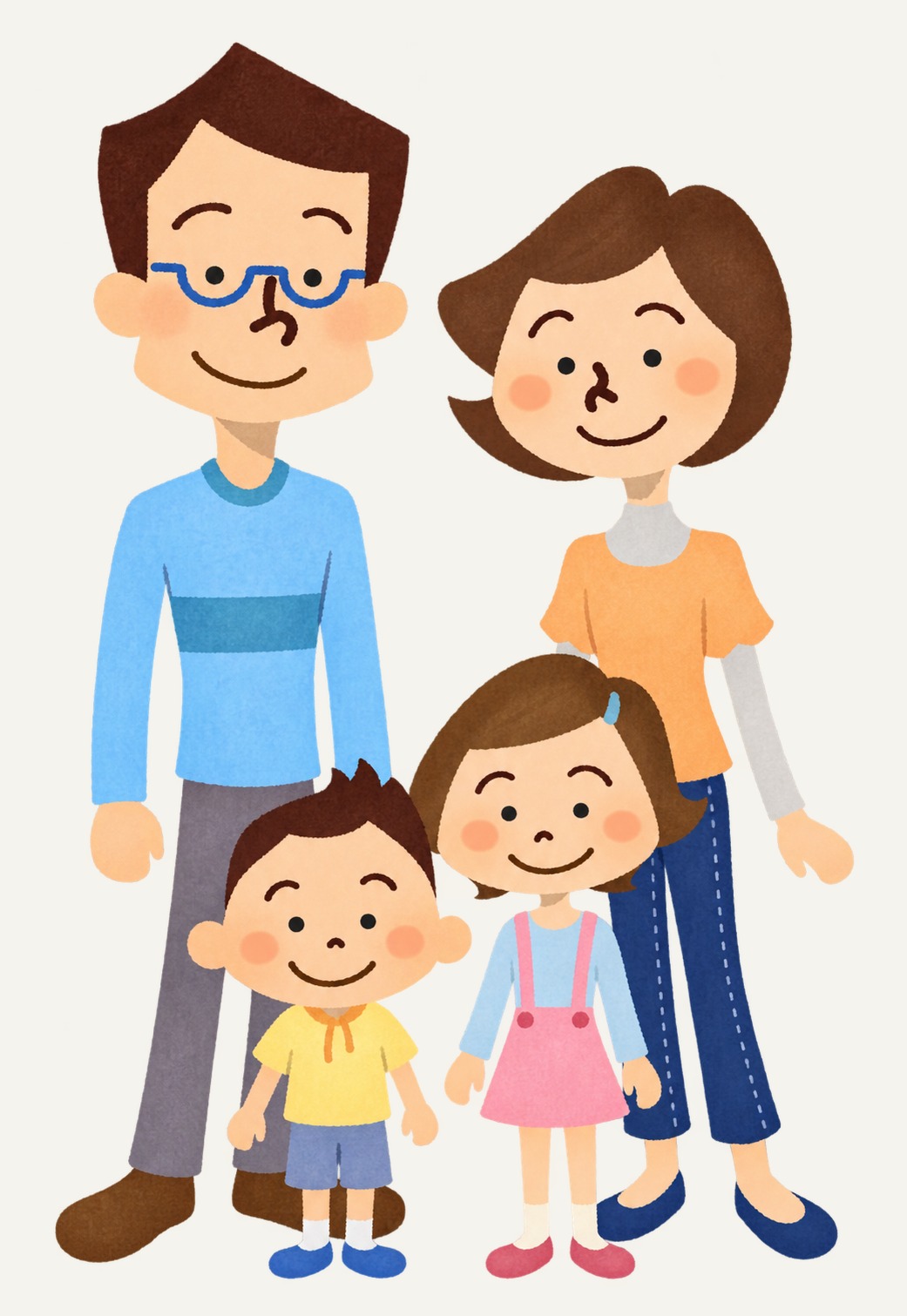 笑顔で並ぶ両親と子ども2人の家族イラスト